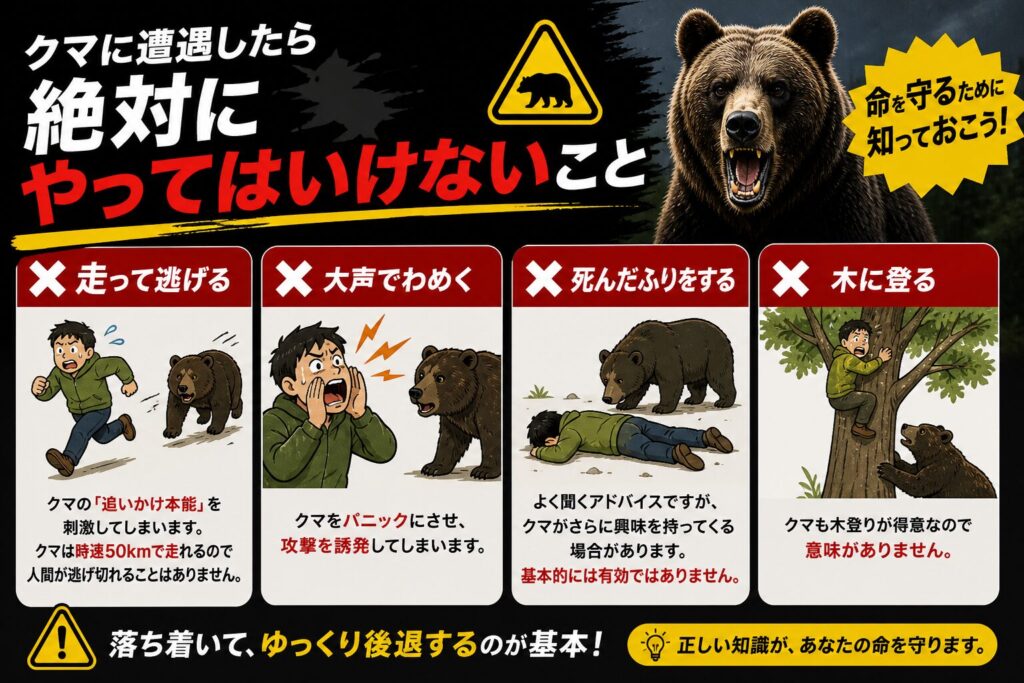 クマ遭遇時にやってはいけない4つの行動を解説したインフォグラフィック（走って逃げる・大声でわめく・死んだふり・木に登る）