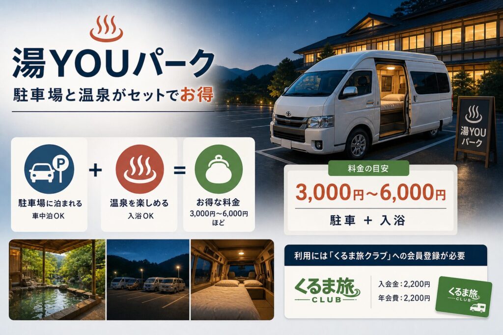 湯YOUパークの仕組みを図解したインフォグラフィック。駐車場に泊まれる車中泊OKの施設で温泉も楽しめて、料金は駐車+入浴で3,000〜6,000円が目安。利用にはくるま旅クラブへの会員登録が必要