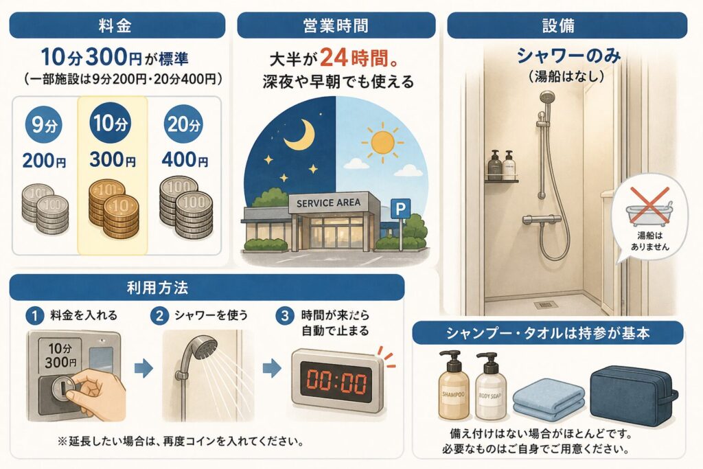 サービスエリアのシャワー施設の料金、営業時間、設備、利用方法をイラスト付きで解説した図