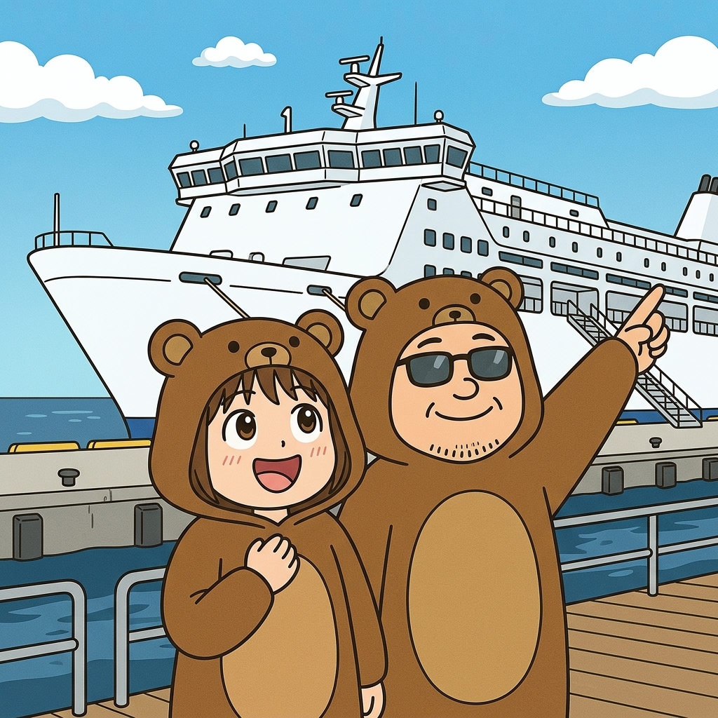 北海道フェリーのターミナルで大きな船を見上げるくま夫婦