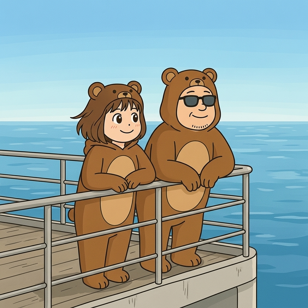 フェリーのデッキで海を眺めるくま夫婦