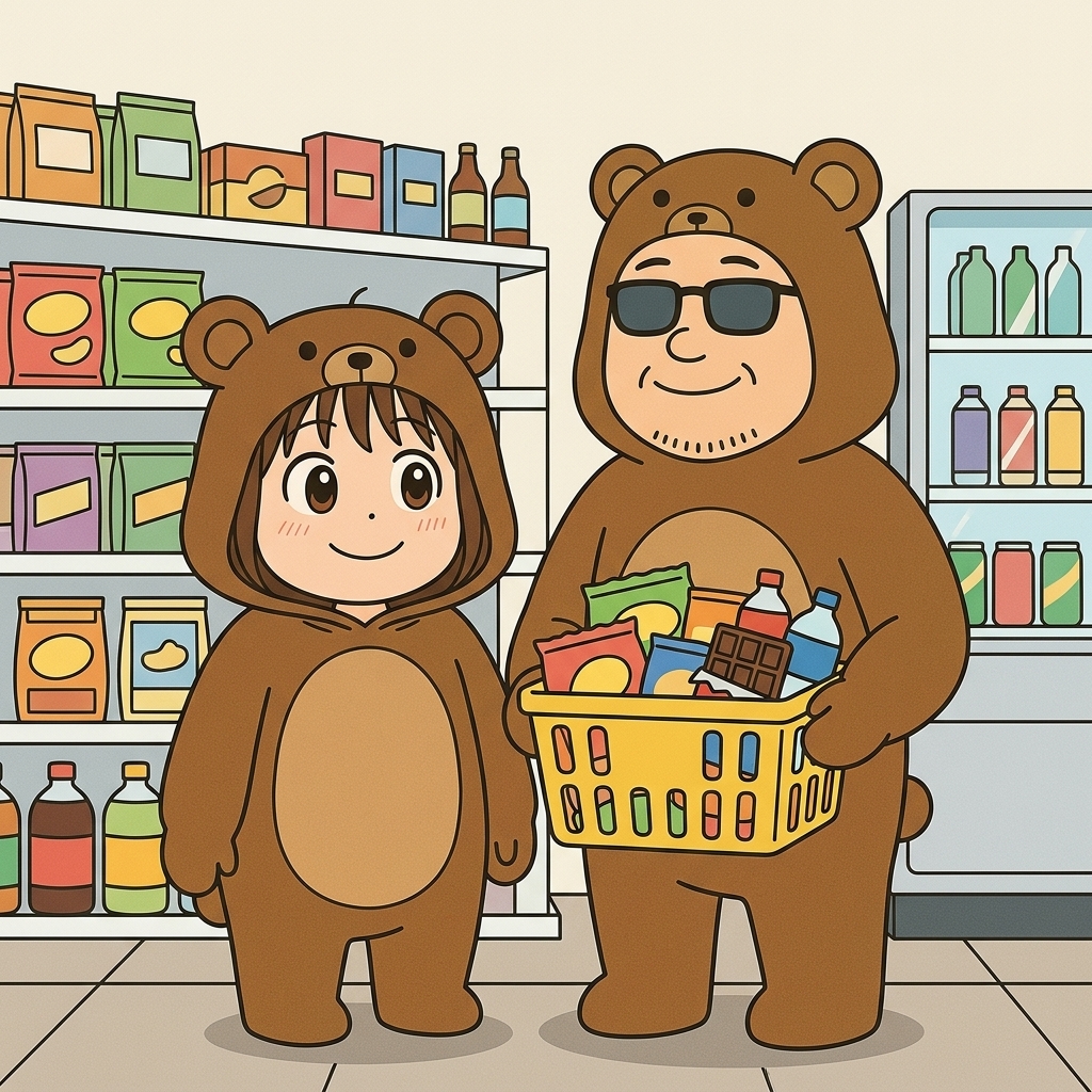 コンビニで乗船前に食料や飲み物を買い込むくま夫婦