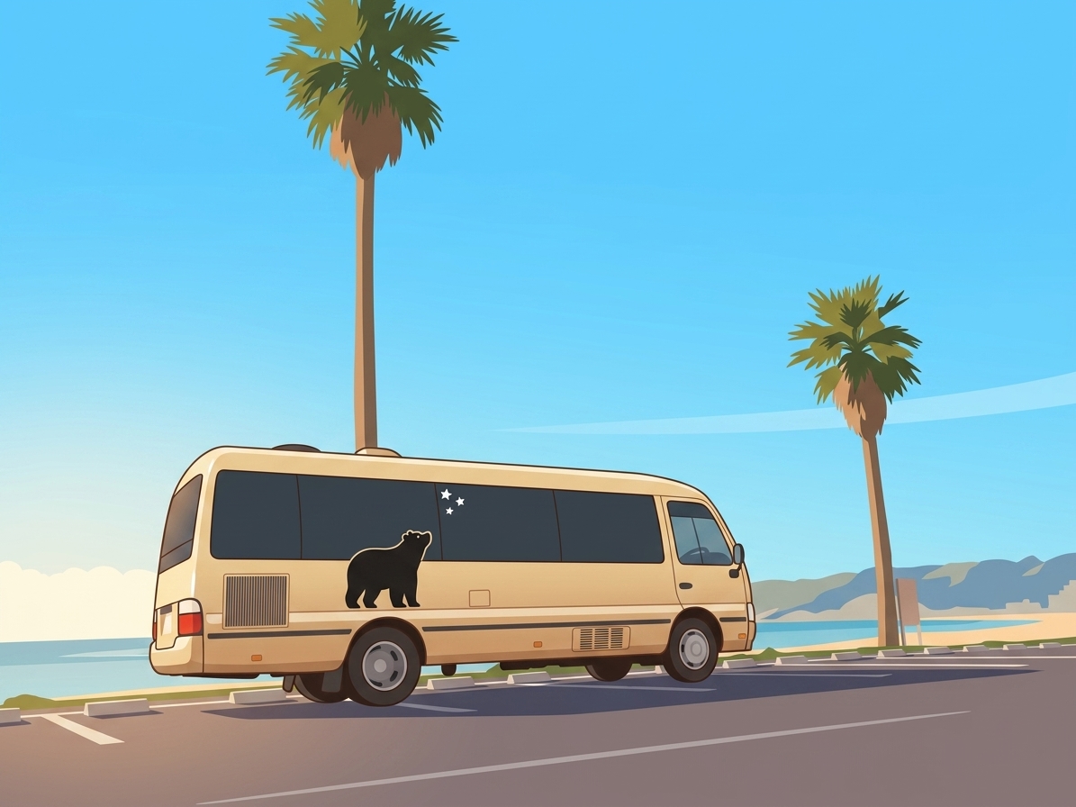 海辺に停まる大型キャンピングカー「ころりん号」のイラスト(シャンパンゴールドの車体にくまのシルエット)