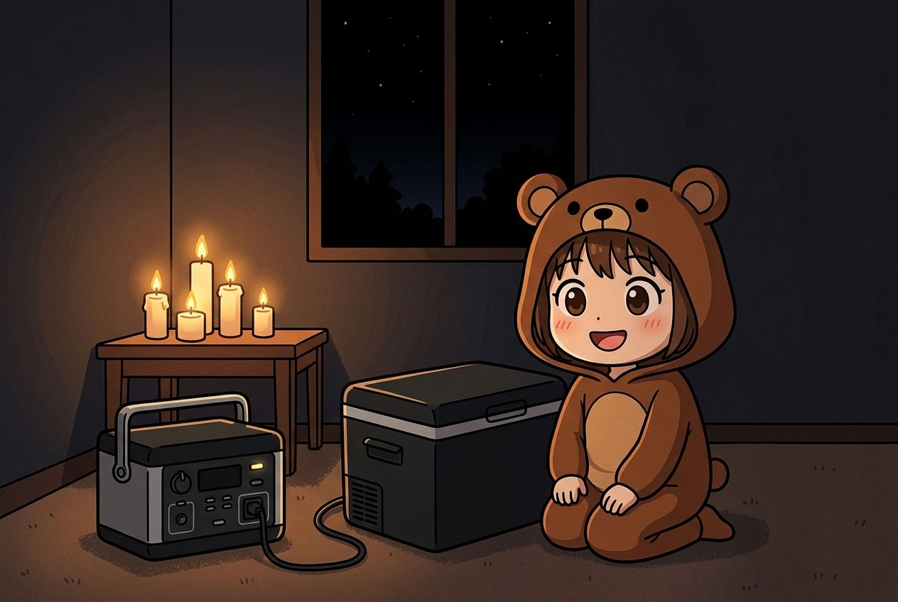 台風による停電のとき、ポータブル電源でポータブル冷蔵庫を動かして食材を守るイラスト