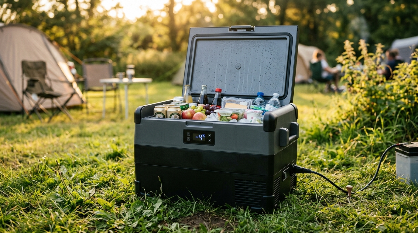 キャンプ場で使う電動のポータブル冷蔵庫と冷えた飲み物や食材