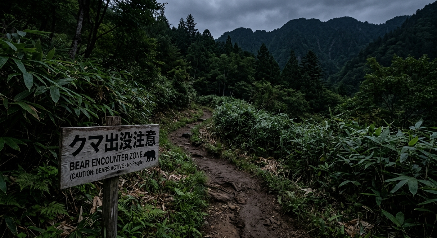夕暮れ時の川沿い遊歩道と密生した笹薮