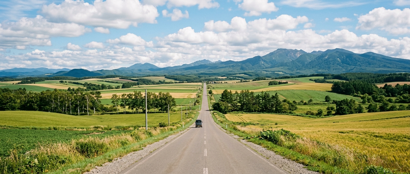 青空と緑の畑が広がる北海道の一本道を走るロゴなしの濃いグレーのバン