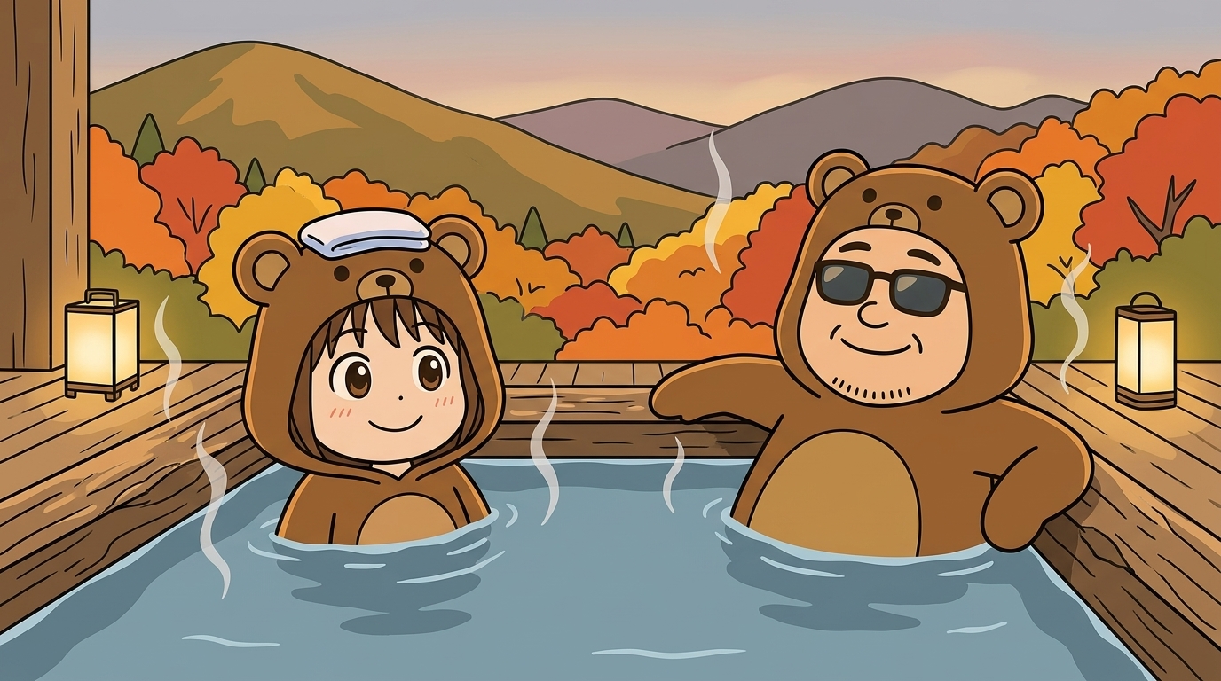 露天風呂に並んで入りくつろぐくま嫁とくま旦那のイラスト