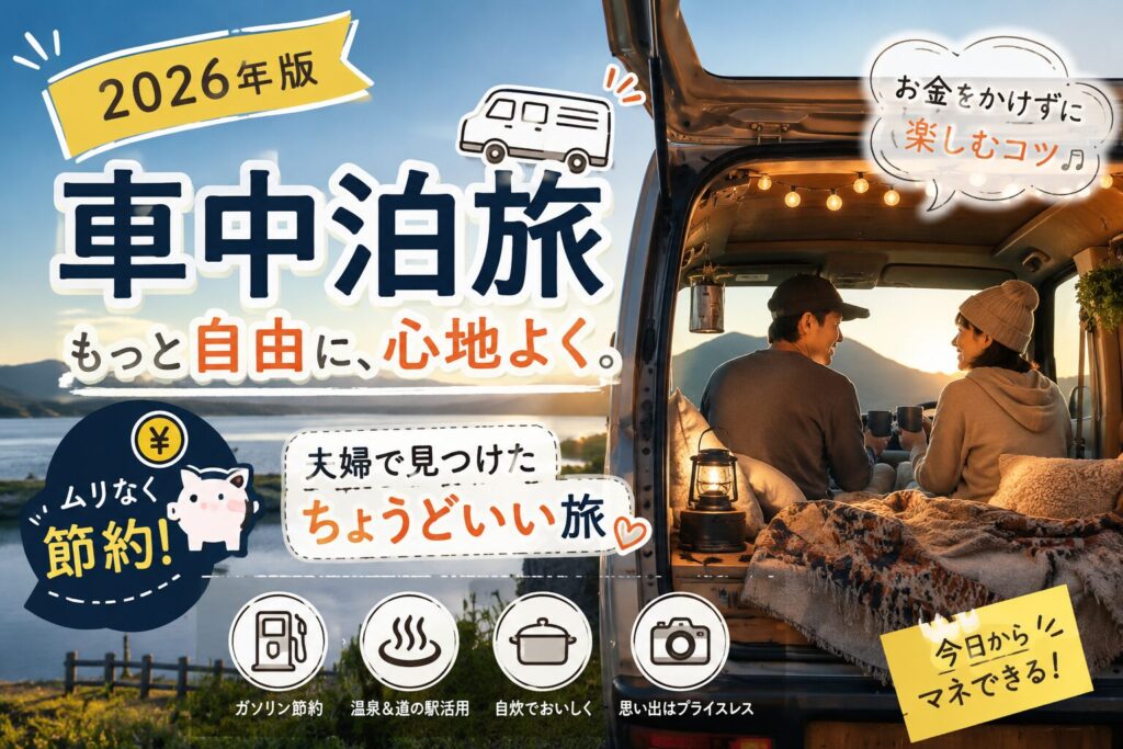 車中泊旅で湖畔の夕暮れを眺めながら車内でくつろぐ夫婦と「2026年版車中泊旅・もっと自由に、心地よく」のアイキャッチデザイン