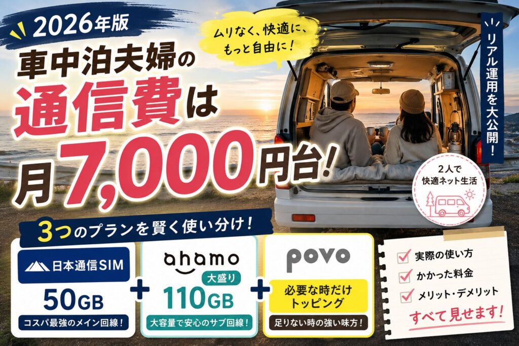 車中泊夫婦の通信費は月7,000円台！日本通信SIM50GB＋ahamo大盛り110GB＋povoの3プラン構成のアイキャッチ