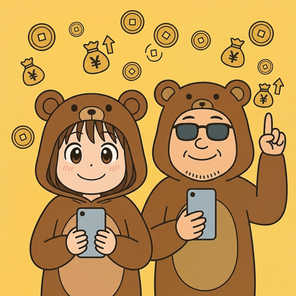 車中泊の通信費を節約して喜ぶくま夫婦(スマホを手に)