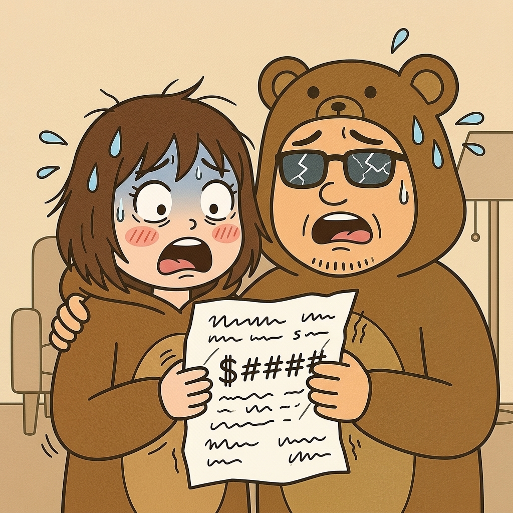 高額な通信費の請求書を見て驚き慌てるくま夫婦