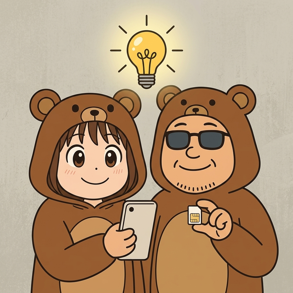 スマホとSIMカードを手に賢く選ぶくま夫婦とひらめきの電球