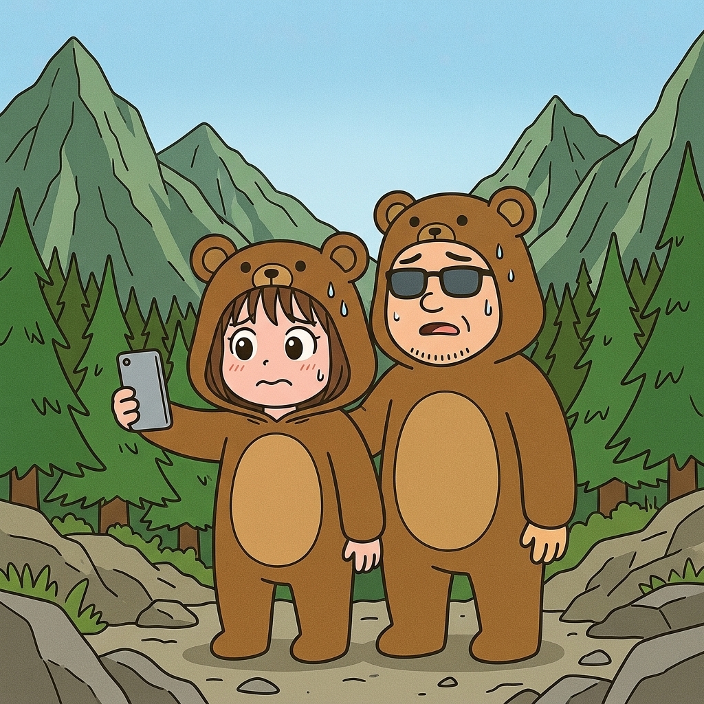 山間部で電波が入らず困るくま夫婦。スマホを見て焦る