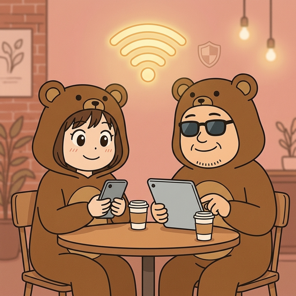 カフェのWi-Fiでスマホとタブレットを使うくま夫婦とVPNの盾マーク