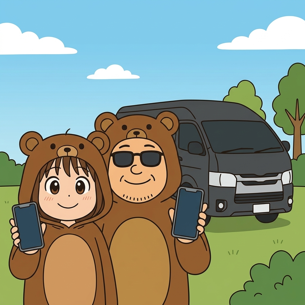 スマホ片手に笑顔のくま夫婦とダークグレーのハイエース
