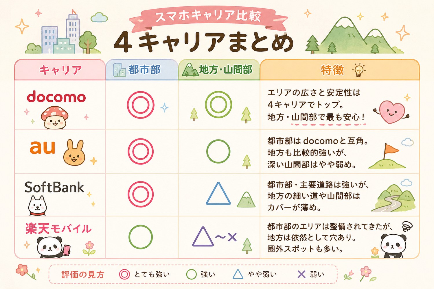 docomo・au・SoftBank・楽天モバイルの4キャリアを都市部・地方山間部のつながりやすさで比較した表