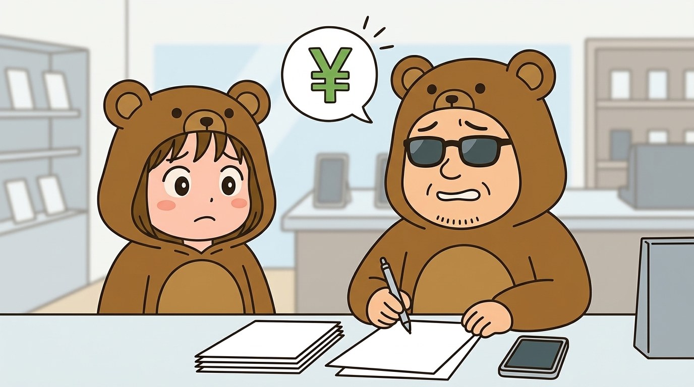 大容量プランを大手キャリアで高額契約してしまい後悔するくま夫婦のイラスト
