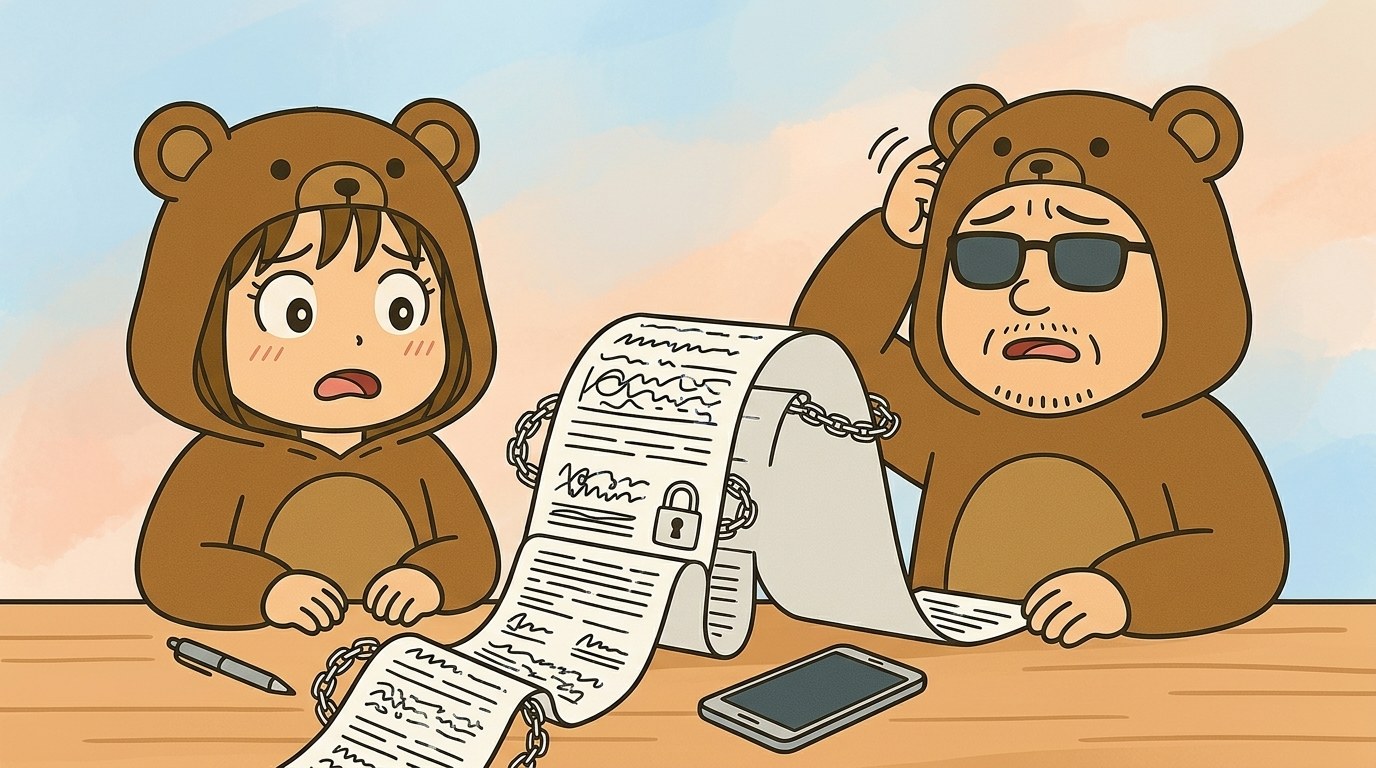 スマホを2年分割払いで買い複雑な契約に縛られて困るくま夫婦のイラスト