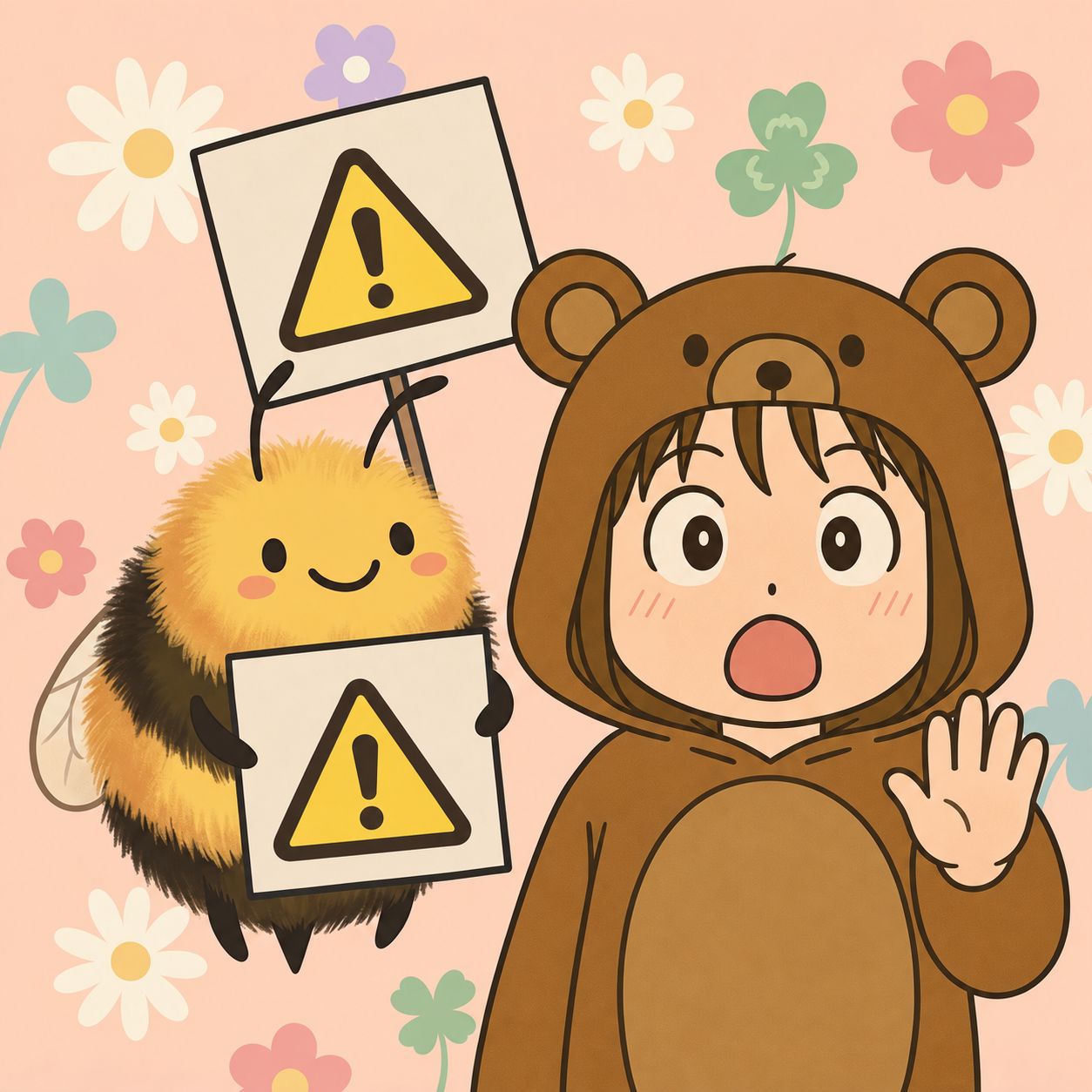 ハチへの注意を示す看板と、手を上げて注意を促すくま嫁のイラスト