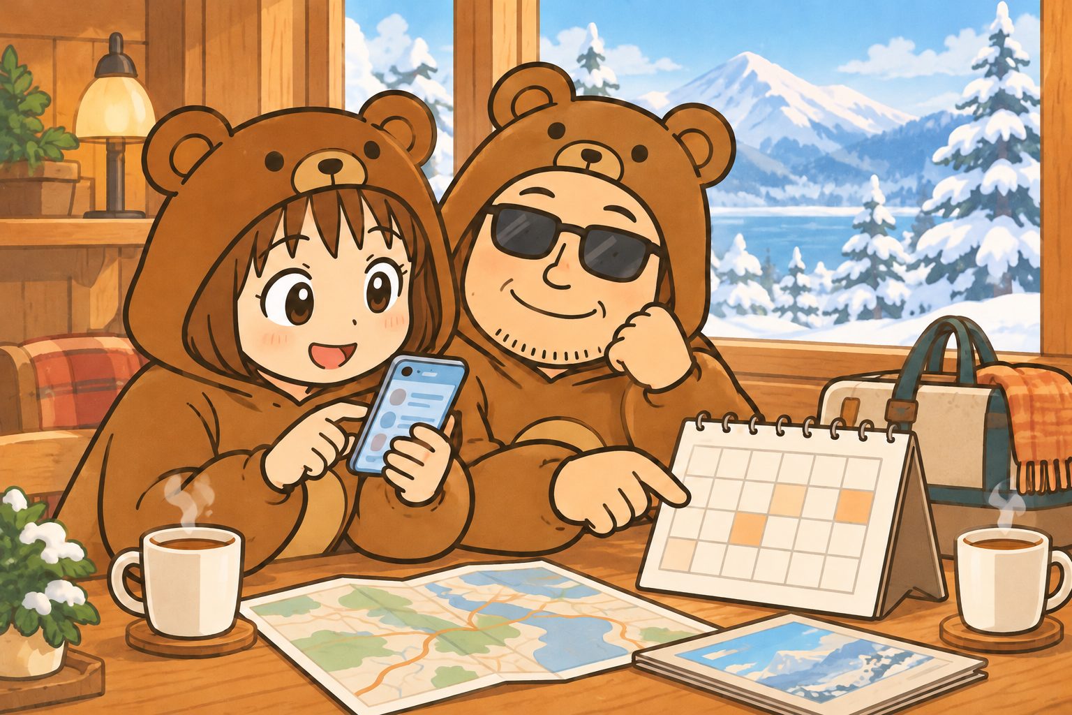 スマートフォンとカレンダーで冬の温泉の営業日を確認するくま夫婦のイラスト。