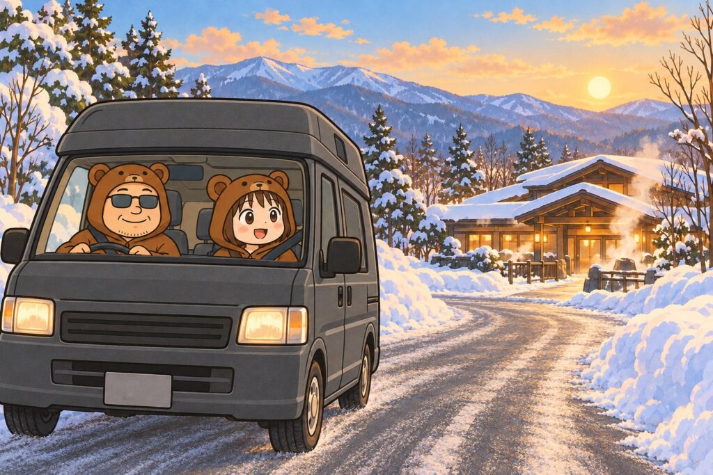 まだ明るい冬の午後、ダークグレーの車で温泉へ向かうくま夫婦のイラスト。