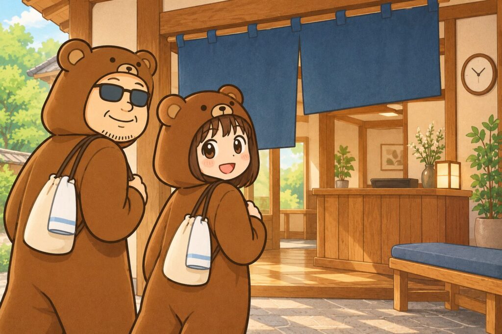 静かな温泉の入口を、お風呂バッグを持って訪れるくま夫婦のイラスト。