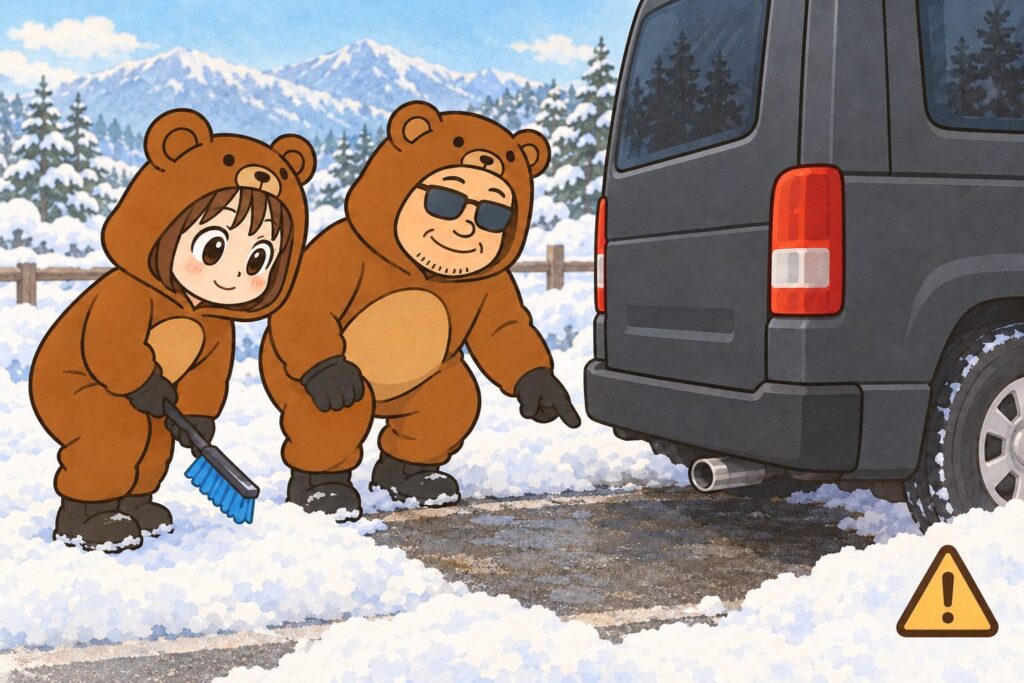 雪の中で停車した車の排気口まわりを、車外から確認するくま夫婦のイラスト。