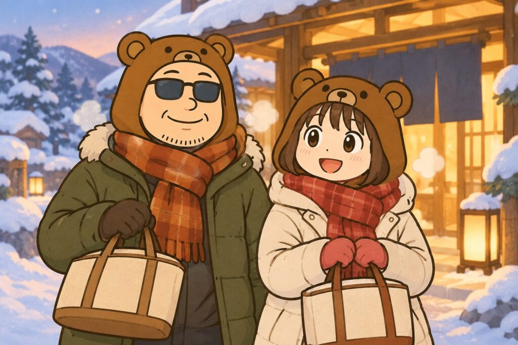 湯上がりに髪を乾かし、コートとマフラーで暖かくしたくま夫婦のイラスト。