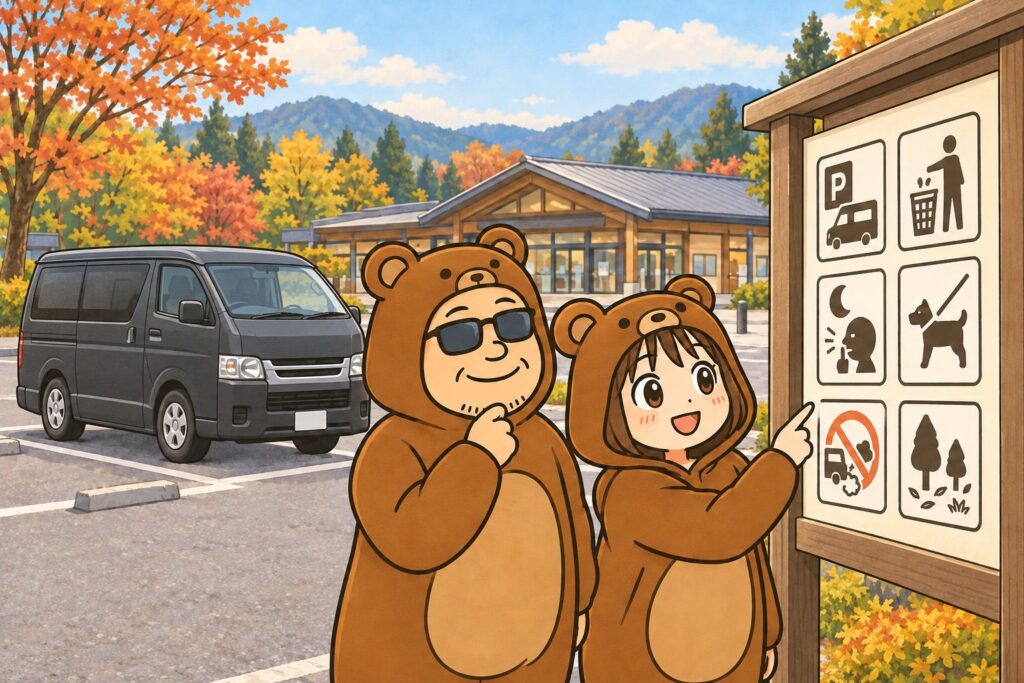 道の駅の駐車場で利用ルールの案内板を確認するくま夫婦のイラスト。