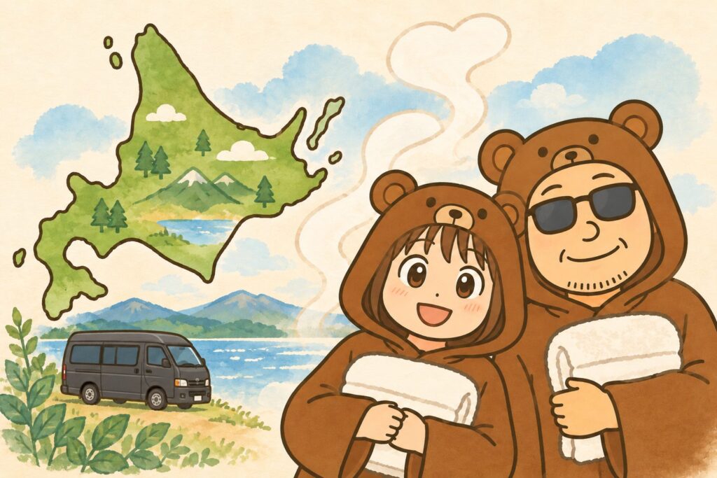 北海道の地図と旅の車を背景に、温泉用のタオルを持つくま夫婦のイラスト。