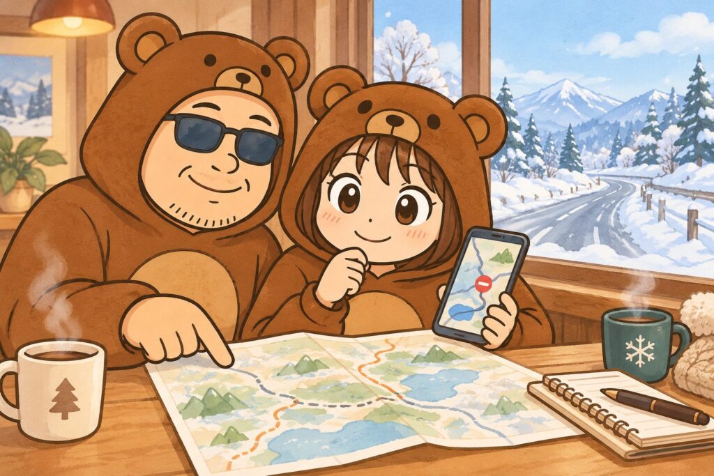 出発前に室内で地図とスマートフォンを見ながら冬道の通行情報を確認する夫婦のイラスト。