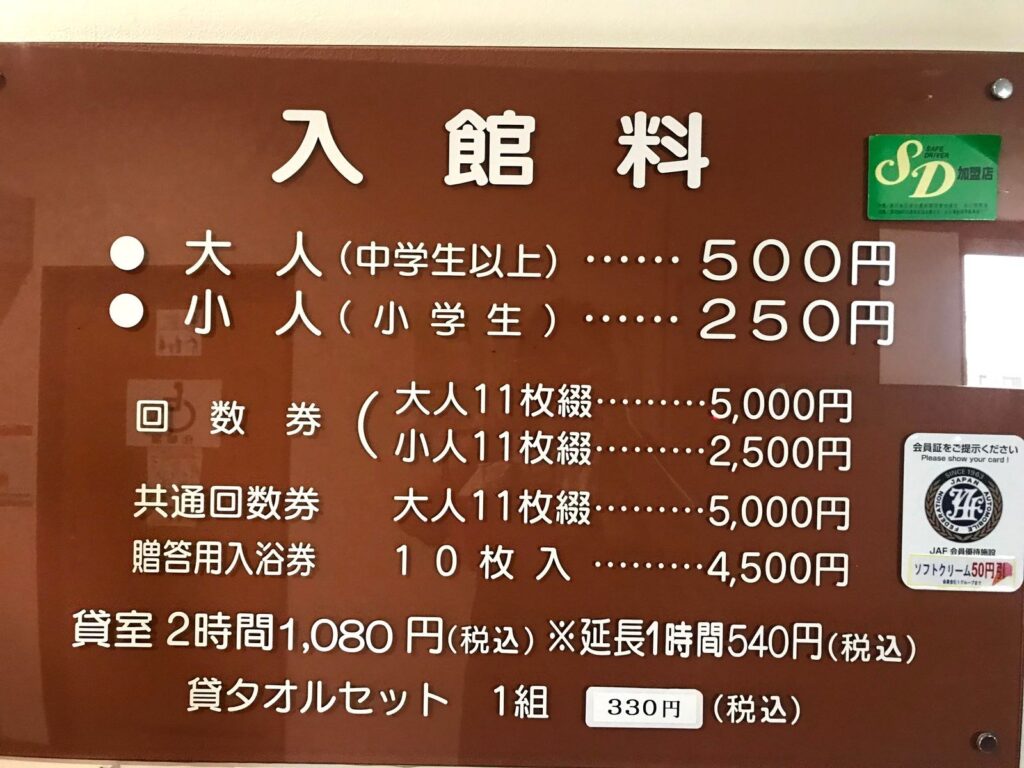 2020年8月に撮った北竜温泉の入館料の料金板（当時の料金）