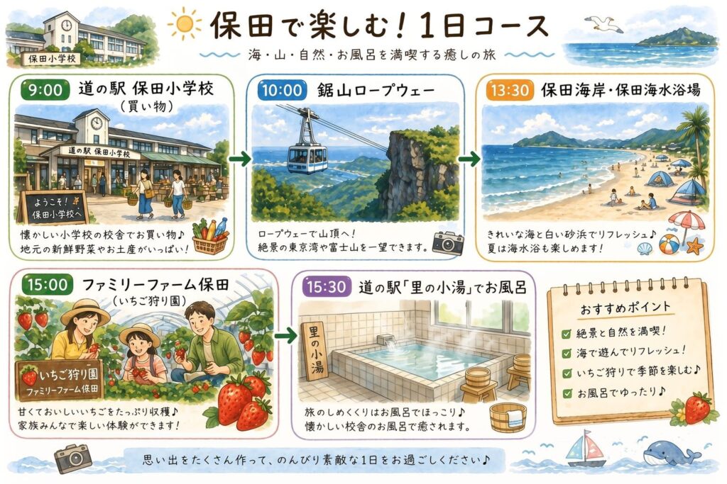 千葉県保田で楽しむ1日観光モデルコース（道の駅保田小学校・鋸山ロープウェー・海水浴・いちご狩り・里の小湯のお風呂）のイラストマップ