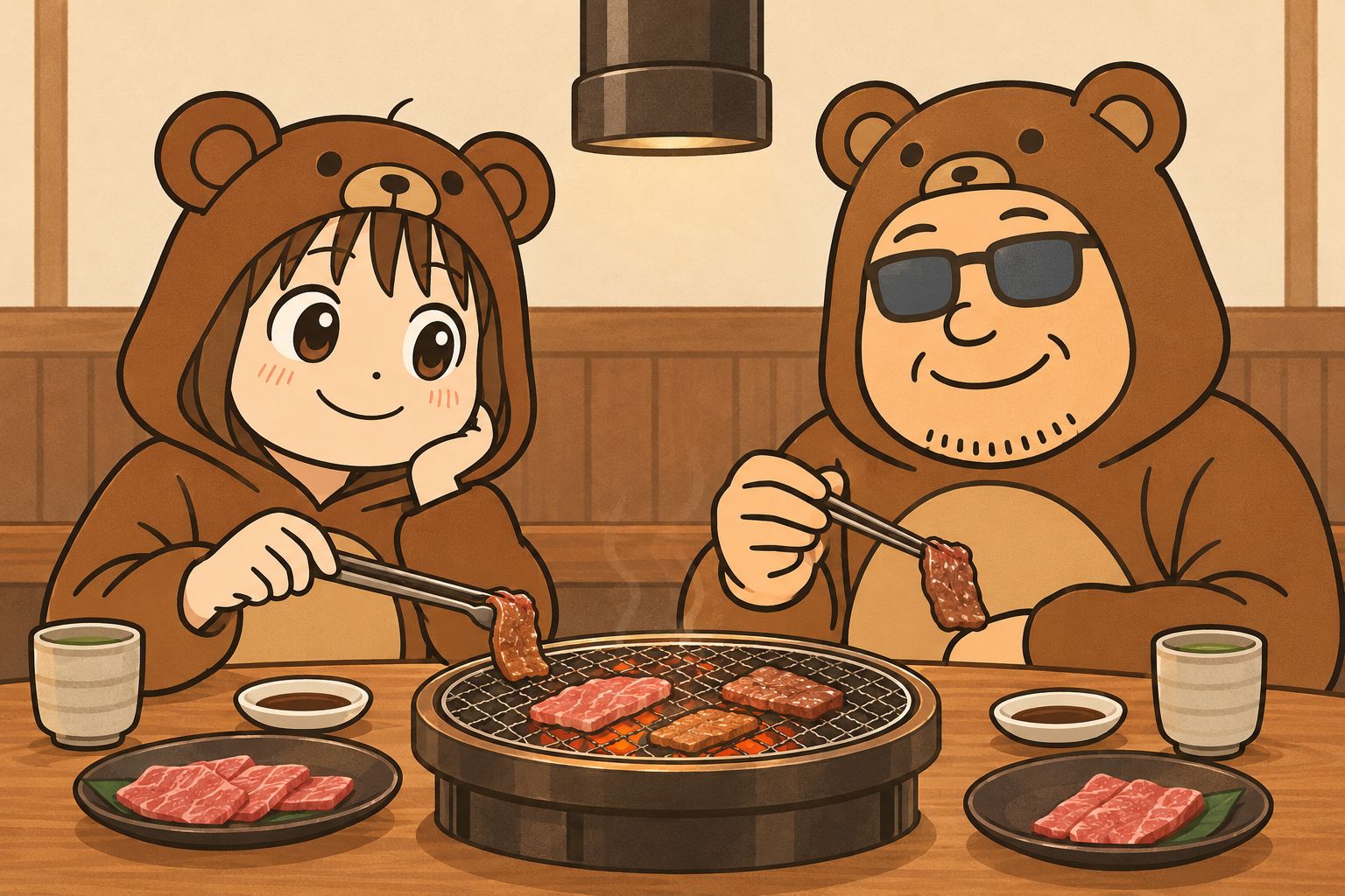 くまの着ぐるみ姿のくま嫁と旦那が炭火焼肉を囲むイラスト